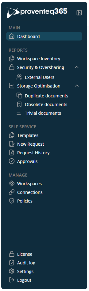 Proventeq365 main navigation menu