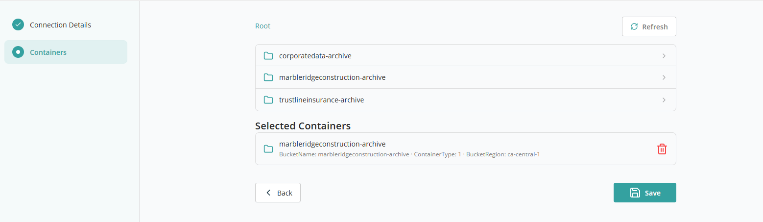 Containers — selecting an archive destination