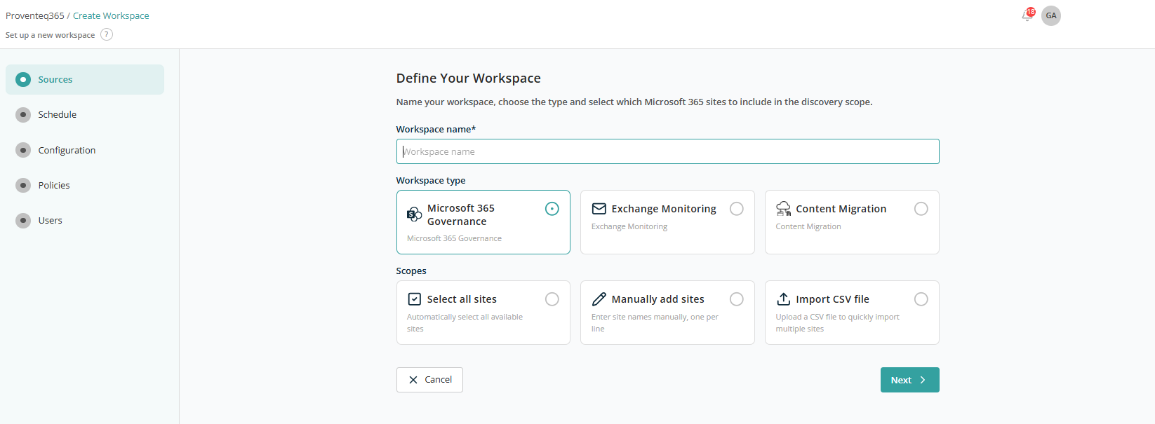 Create workspace — Sources step