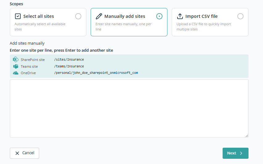 Sources — Manually add sites option