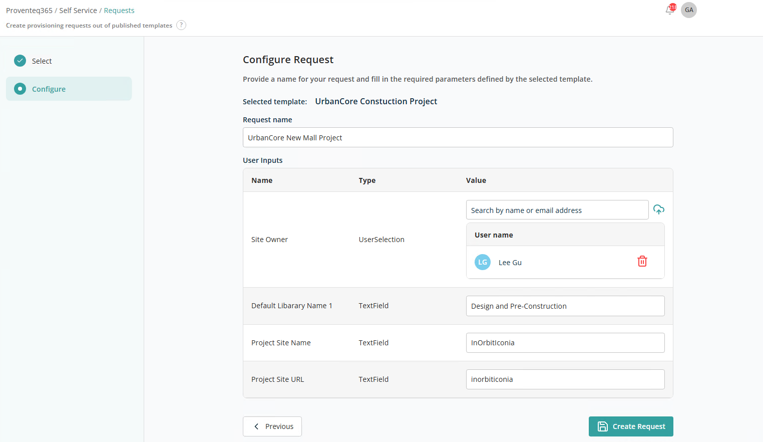Configure request — user inputs
