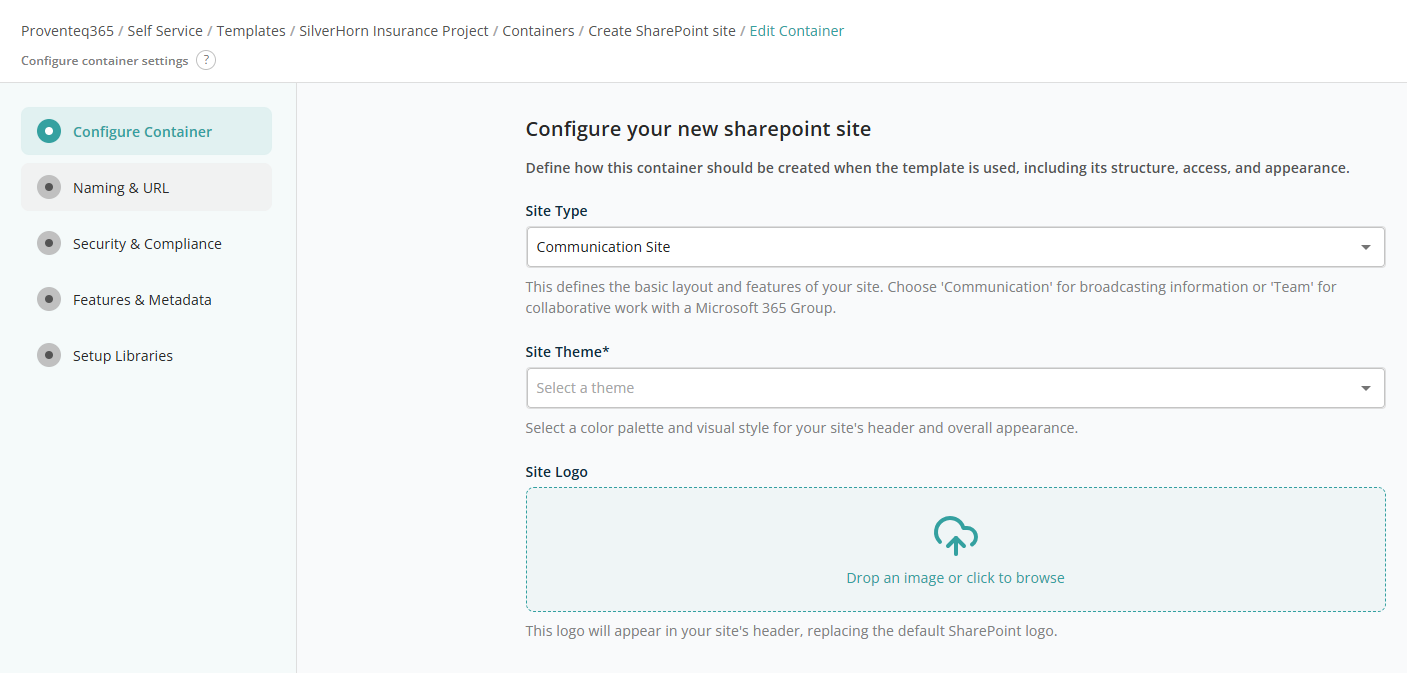 Create new site — Configuration step