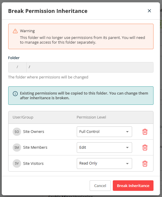 Break or reset inheritance popup