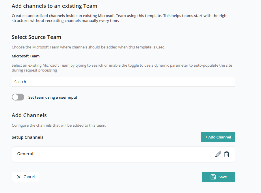 Add channels to existing team