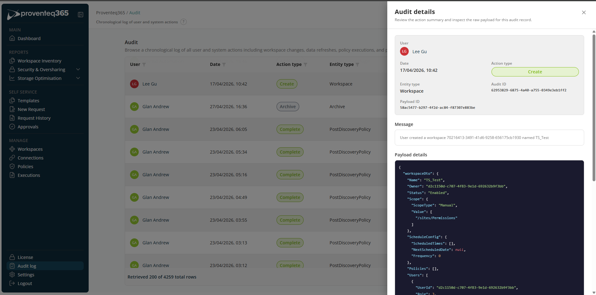 Audit Log — details panel